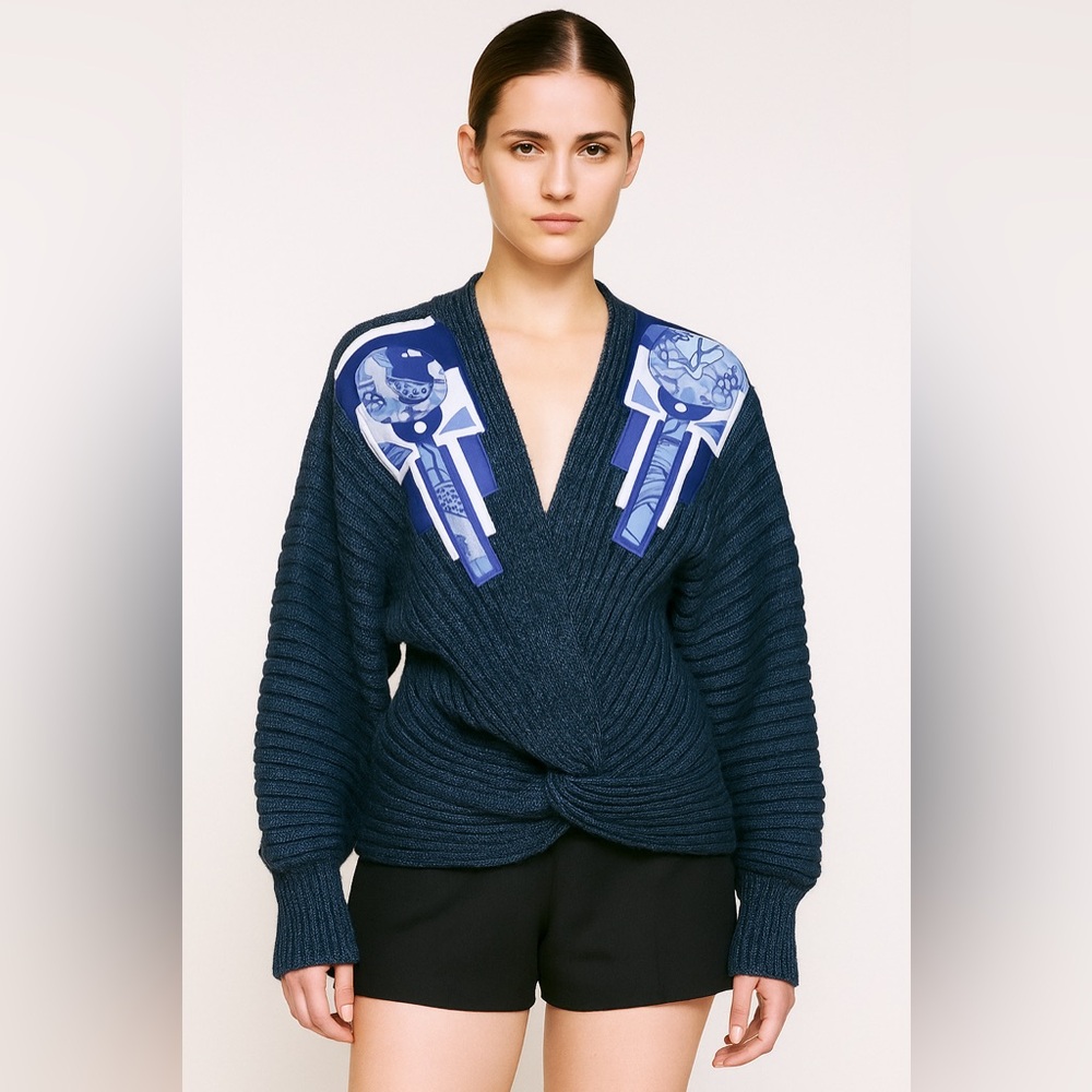 Vintage Nina Ricci Dark Blue Cardigan with Artistic Accents